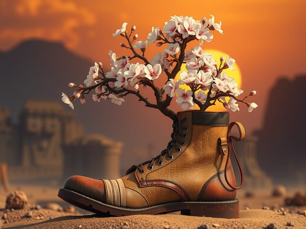 Cherry Blossom Tree in Rusted Boot: Cinematic Sci-Fi Art