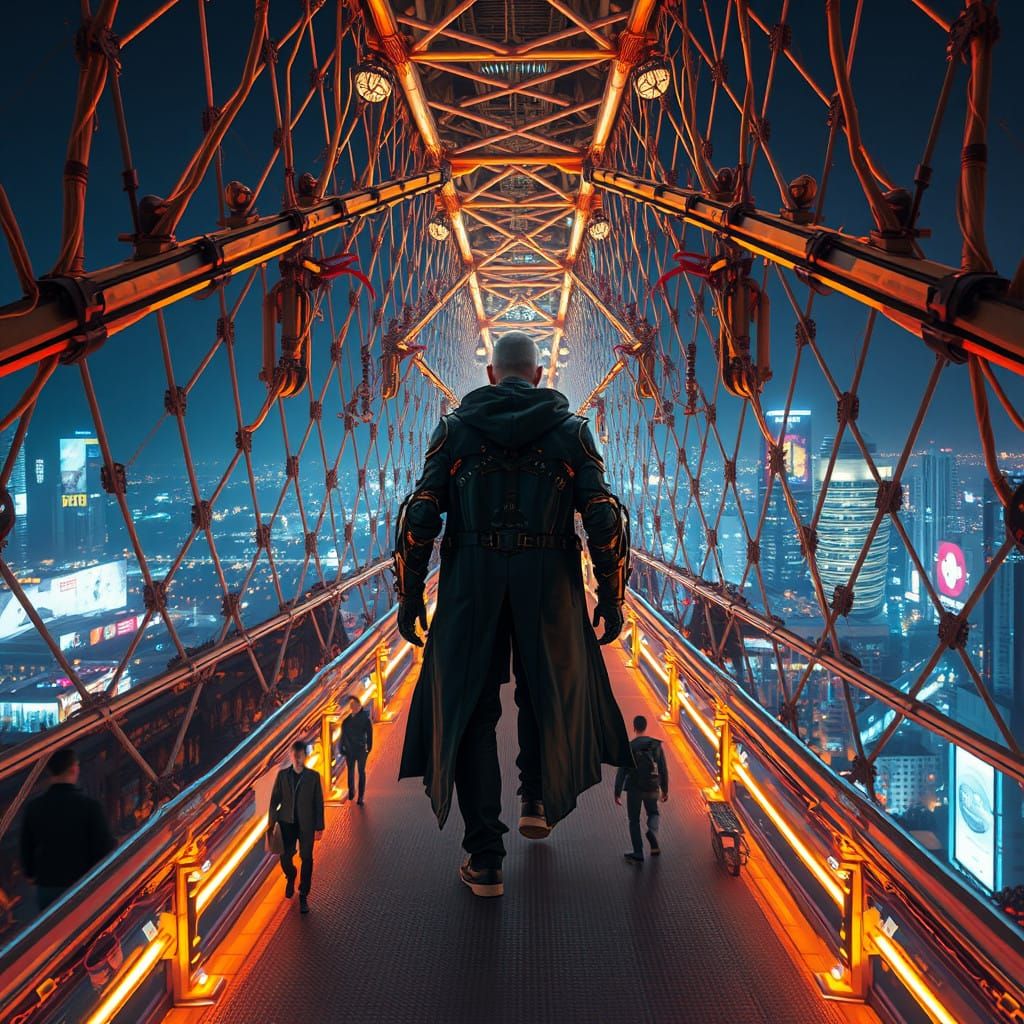 Cyborg in Futuristic Utopia Bridge
