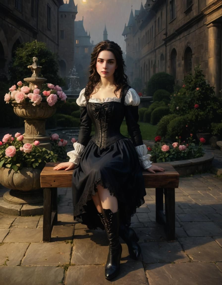 Chiaroscuro Portrait: Woman in Castle Courtyard