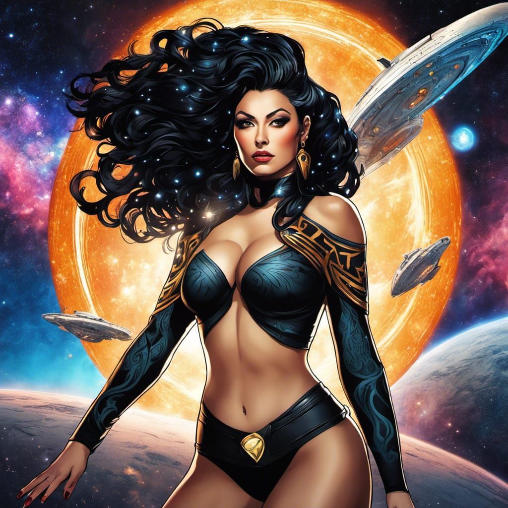 Tattooed Woman in Star Trek Uniform with Lightsaber