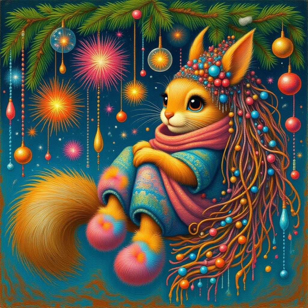 Surreal Squirrel with Thread Hair on Snowy Christmas Tree