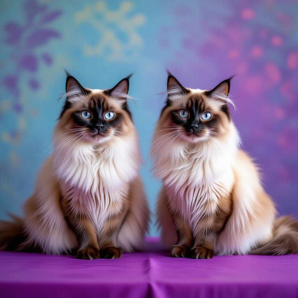 Two Long-Haired Siamese Cats in a Violet and Magenta Room