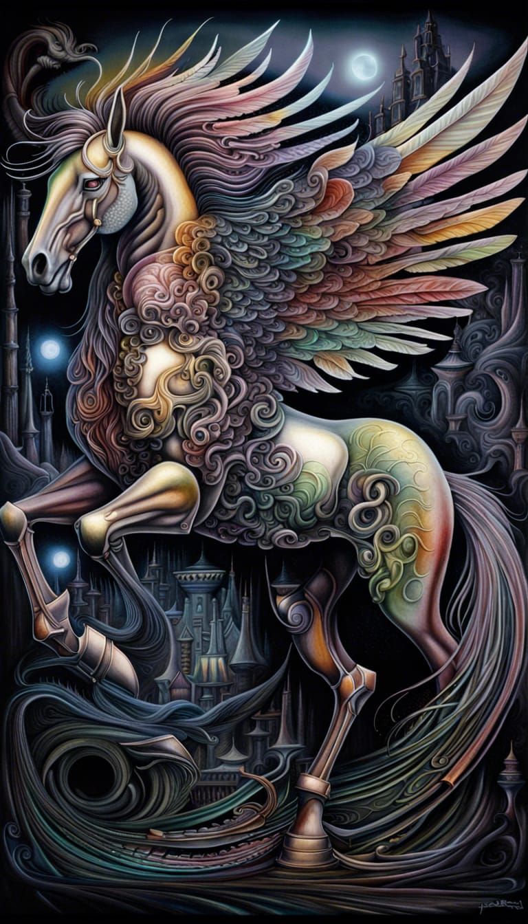 Majestic PEGASUS airbrush, polychromatic painting by Hans Giger, surreal, nightmarish, elaborate, elegant, entangled, hy...