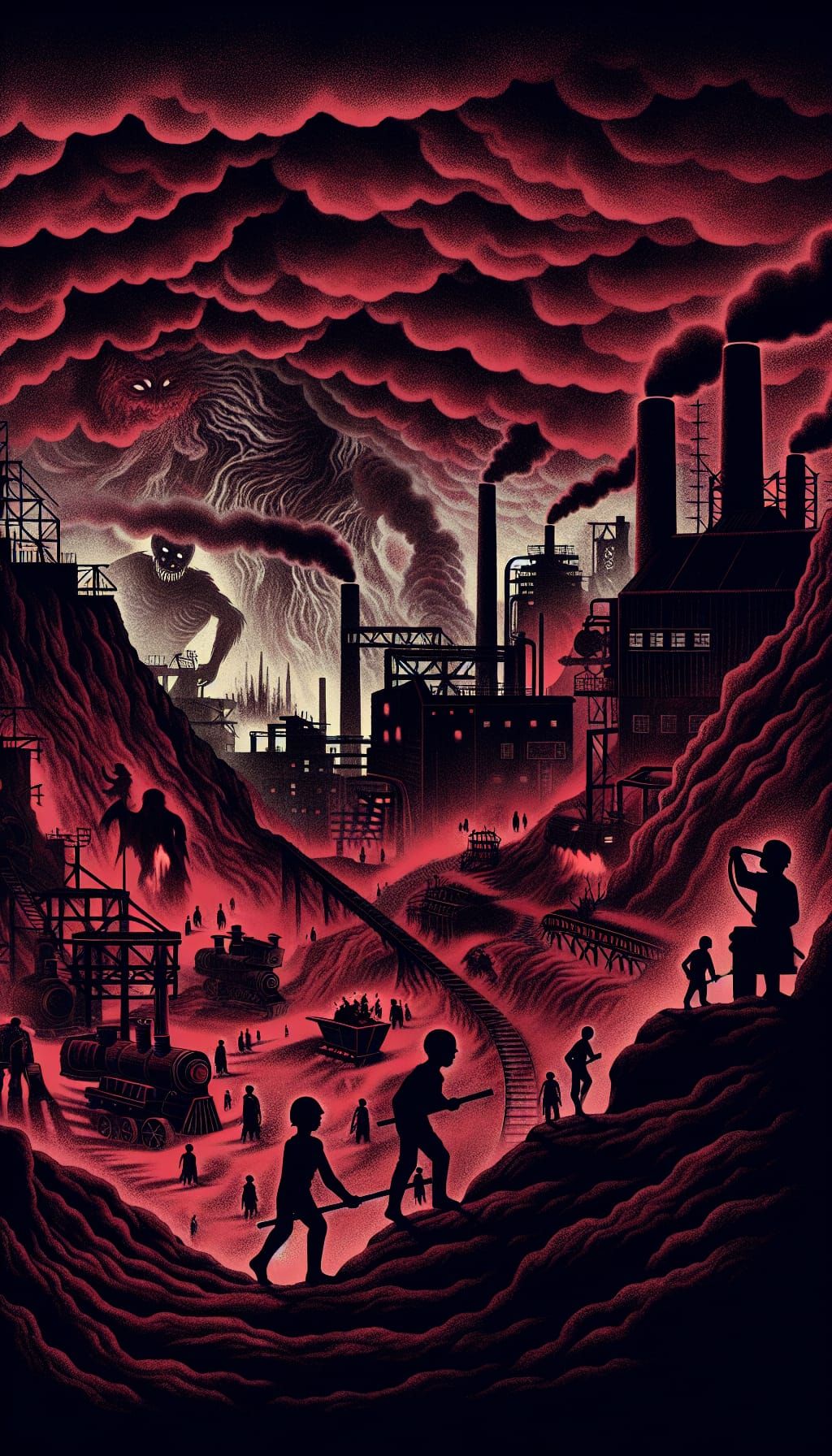 Gothic Shadow Factory Scene with Demonic Creatures