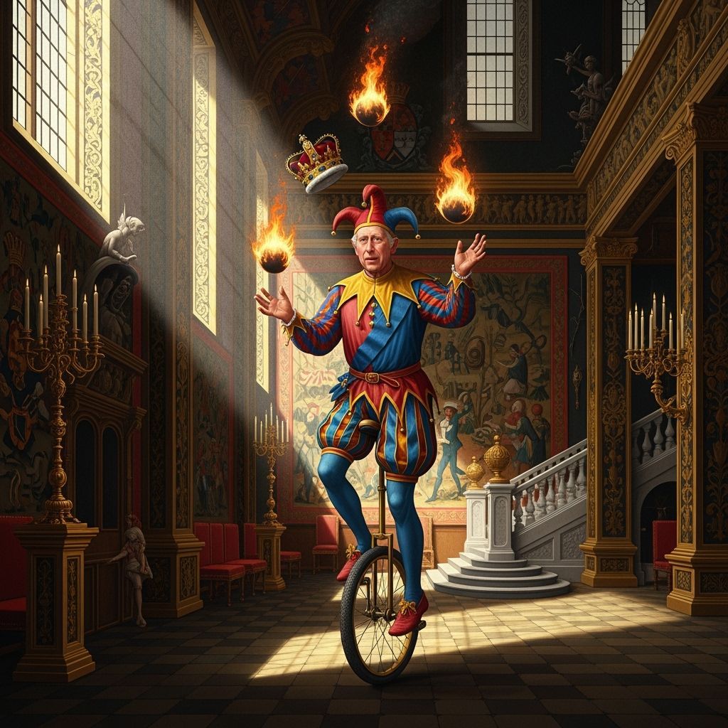 Jester King Charles III Juggles Fire at Buckingham Palace