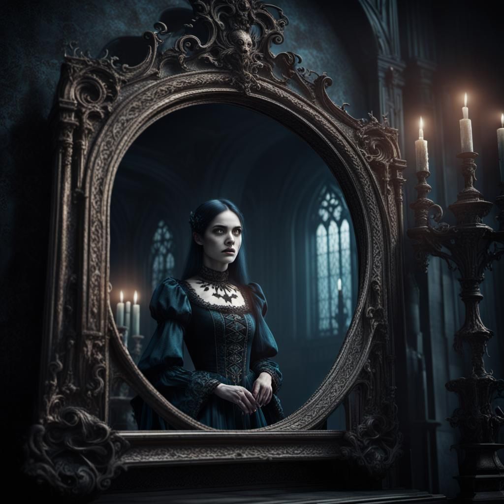 Gothic Woman and Ghost in Mirror