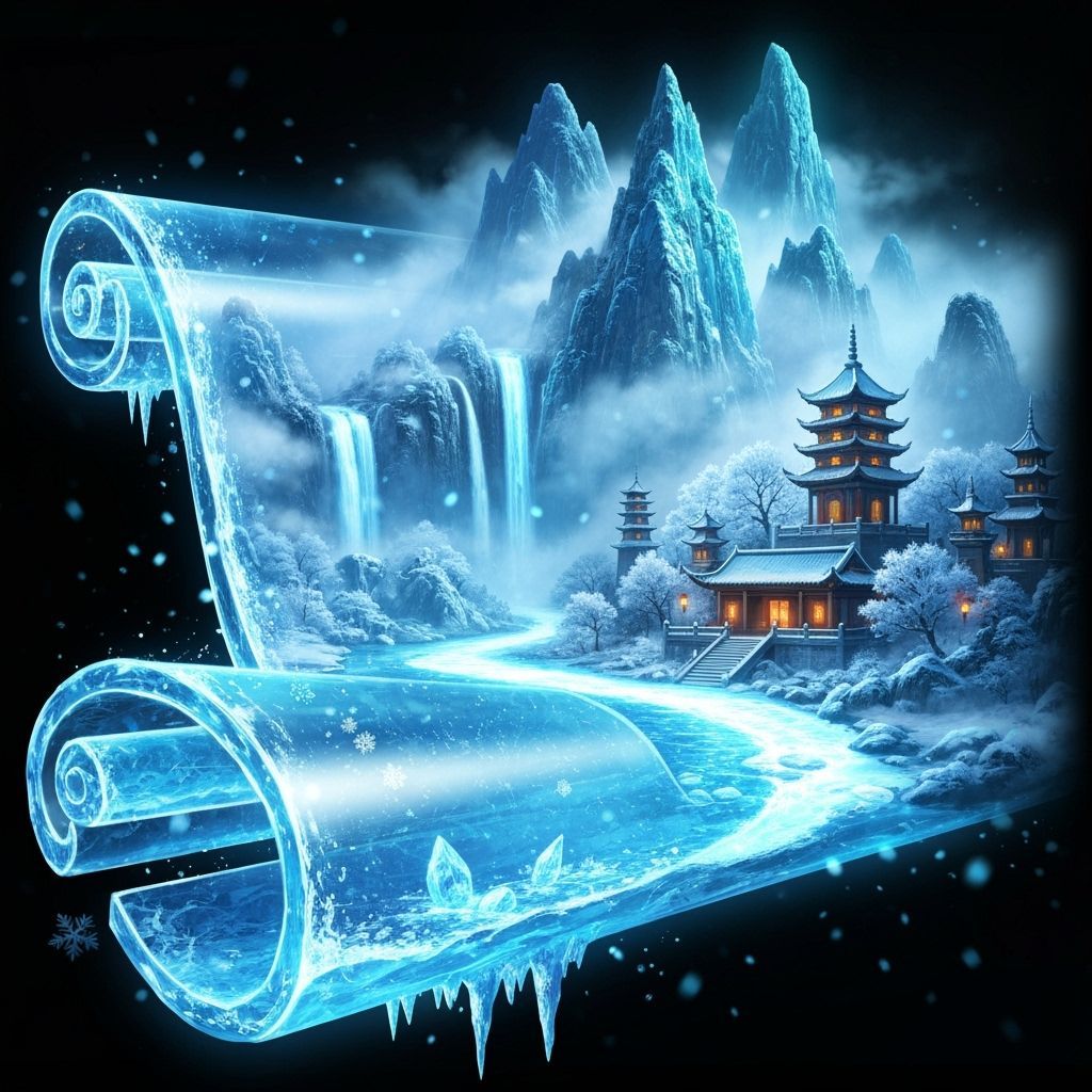 Surreal Winter Landscape Unfurling from Crystal Scroll