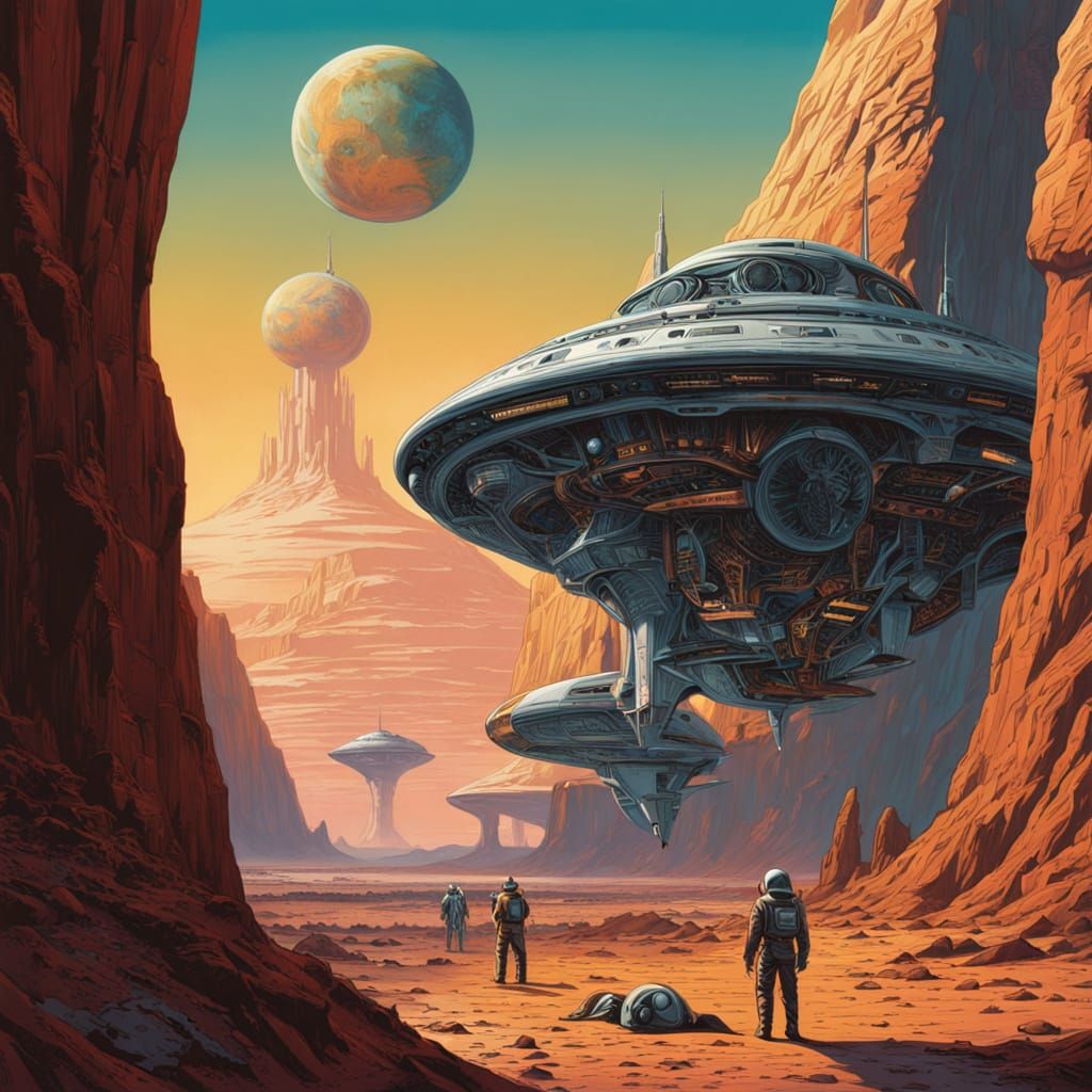 Lone Fighter Pilot Beside Chrome Spacecraft on Alien World