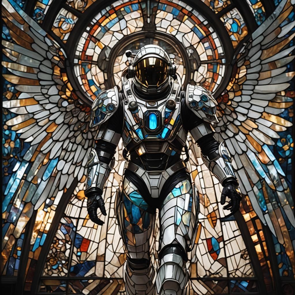 Biomechanical Astronaut with Stained Glass Wings