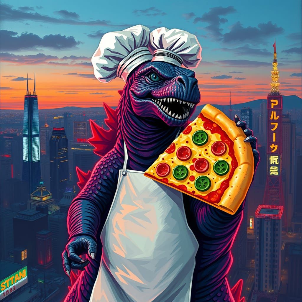 Godzilla Chef Serves Pizza, Syd Mead Style