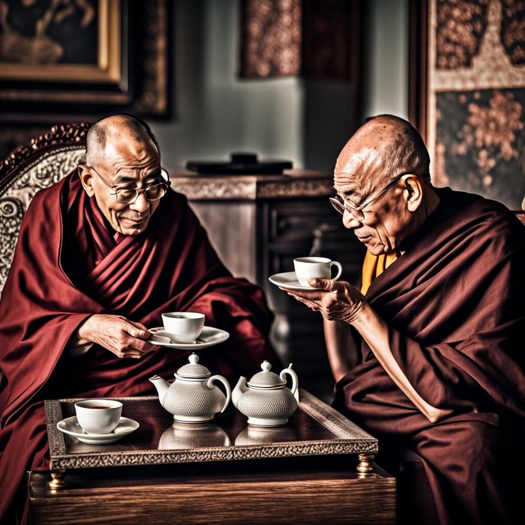 Dalai Lama and Gandhi Having Tea