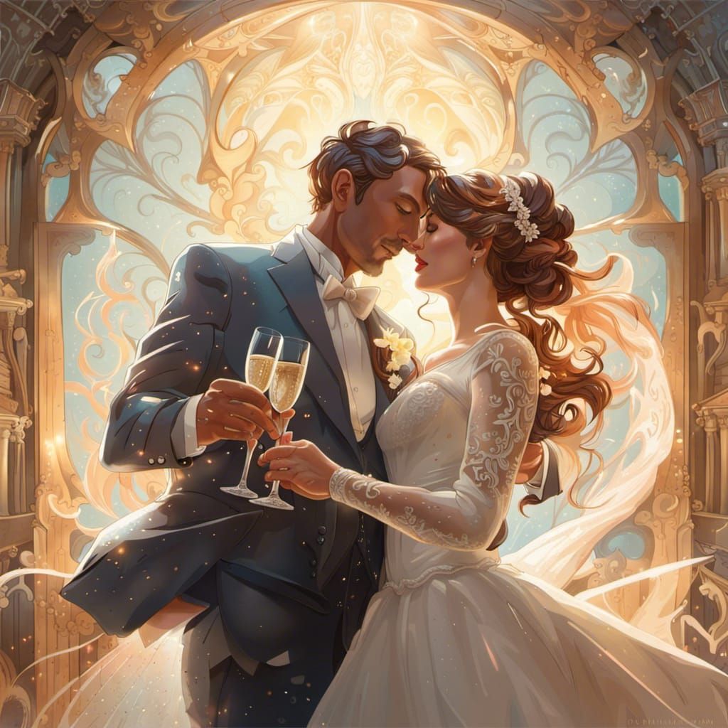 Married Couple Toasting Champagne in Hyperdetailed Portrait