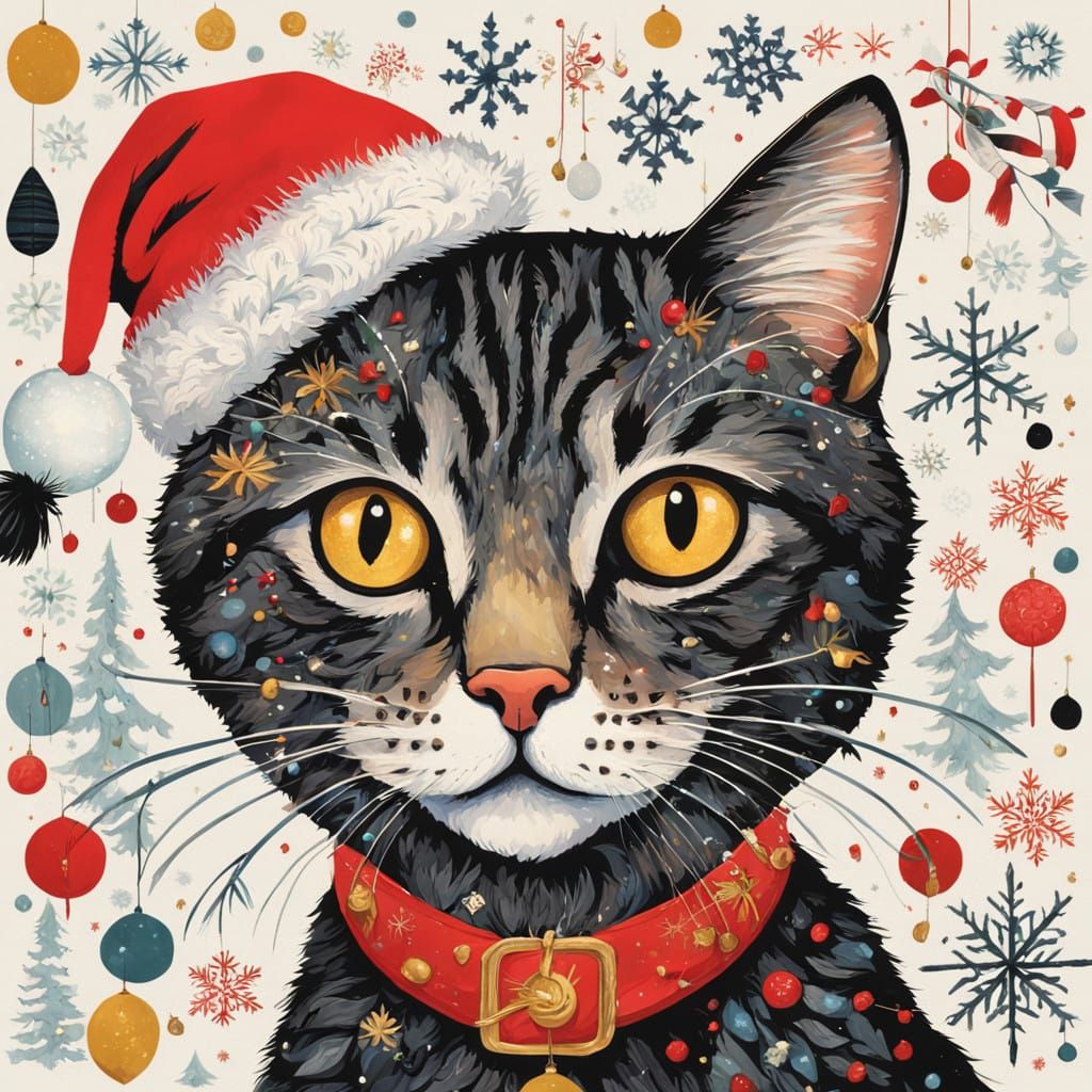 Regal Feline Christmas Scene in Warm Whimsical Style