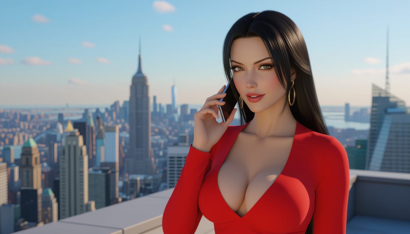 Boa Hancock in Red Top on NYC Rooftop, Photorealistic