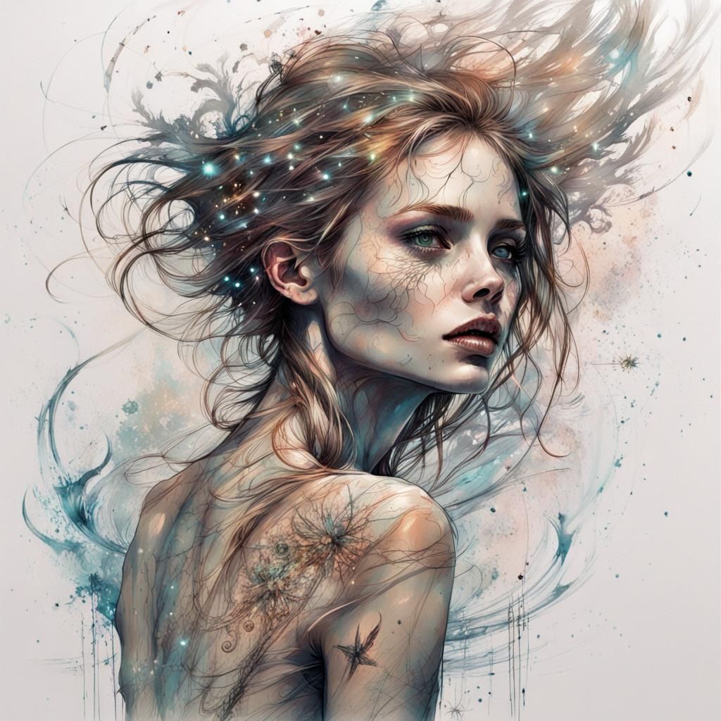 Skeletal Girl Under Meteors, Carne Griffiths Style