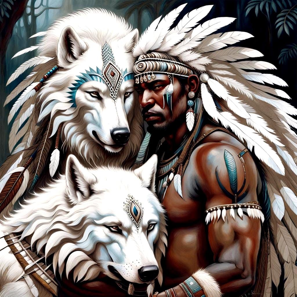 Mystical Warrior and Wolf in African Tribal Art