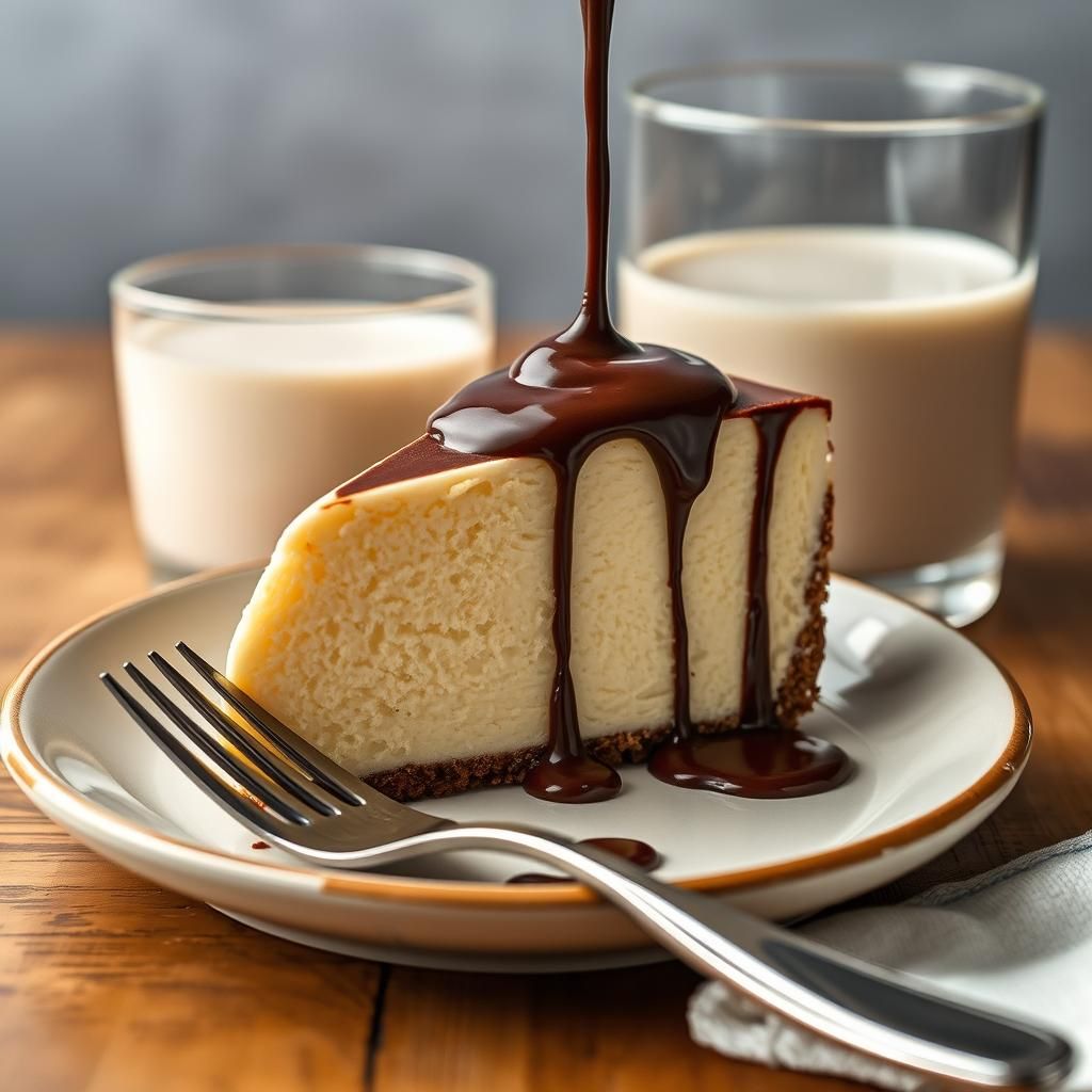 Cheesecake Slice with Chocolate Ganache, Realistic 4K Photo