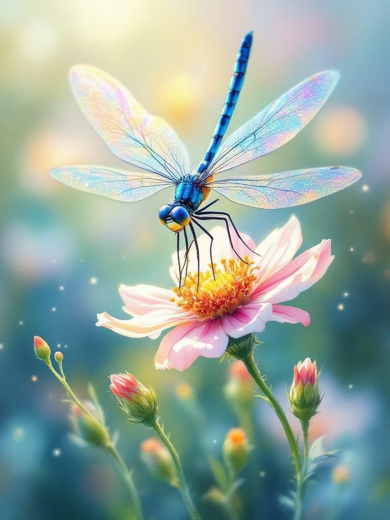 Ethereal Watercolor Dragonfly Over Dewy Flower at Dawn