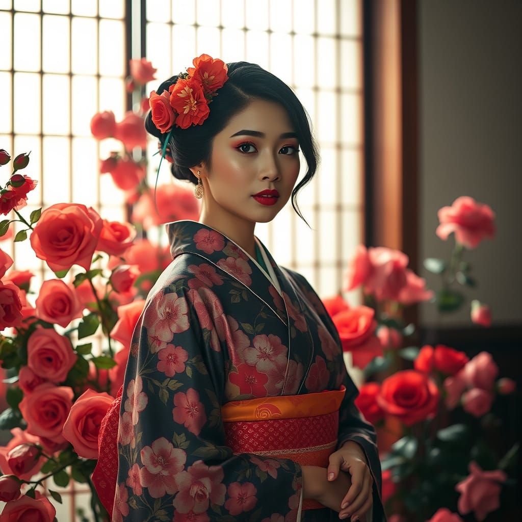 South Asian Woman in Kimono with Roses