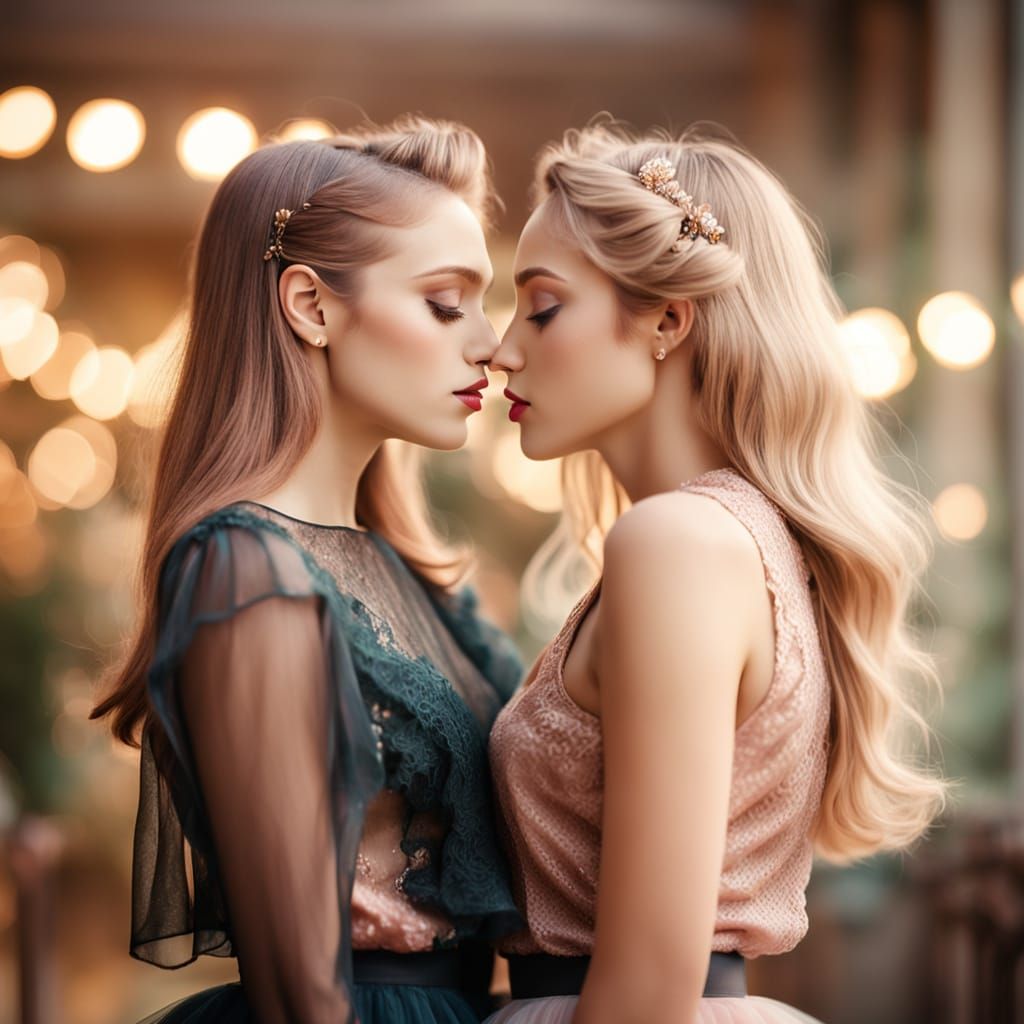 Romantic Portrait of Two Countesses Kissing