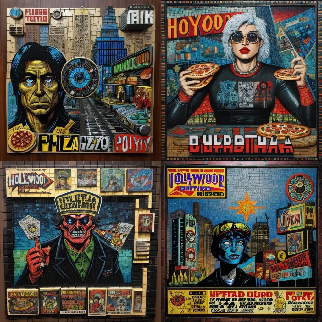 Dystopian Pizza Party in Retrofuturist Comic Style