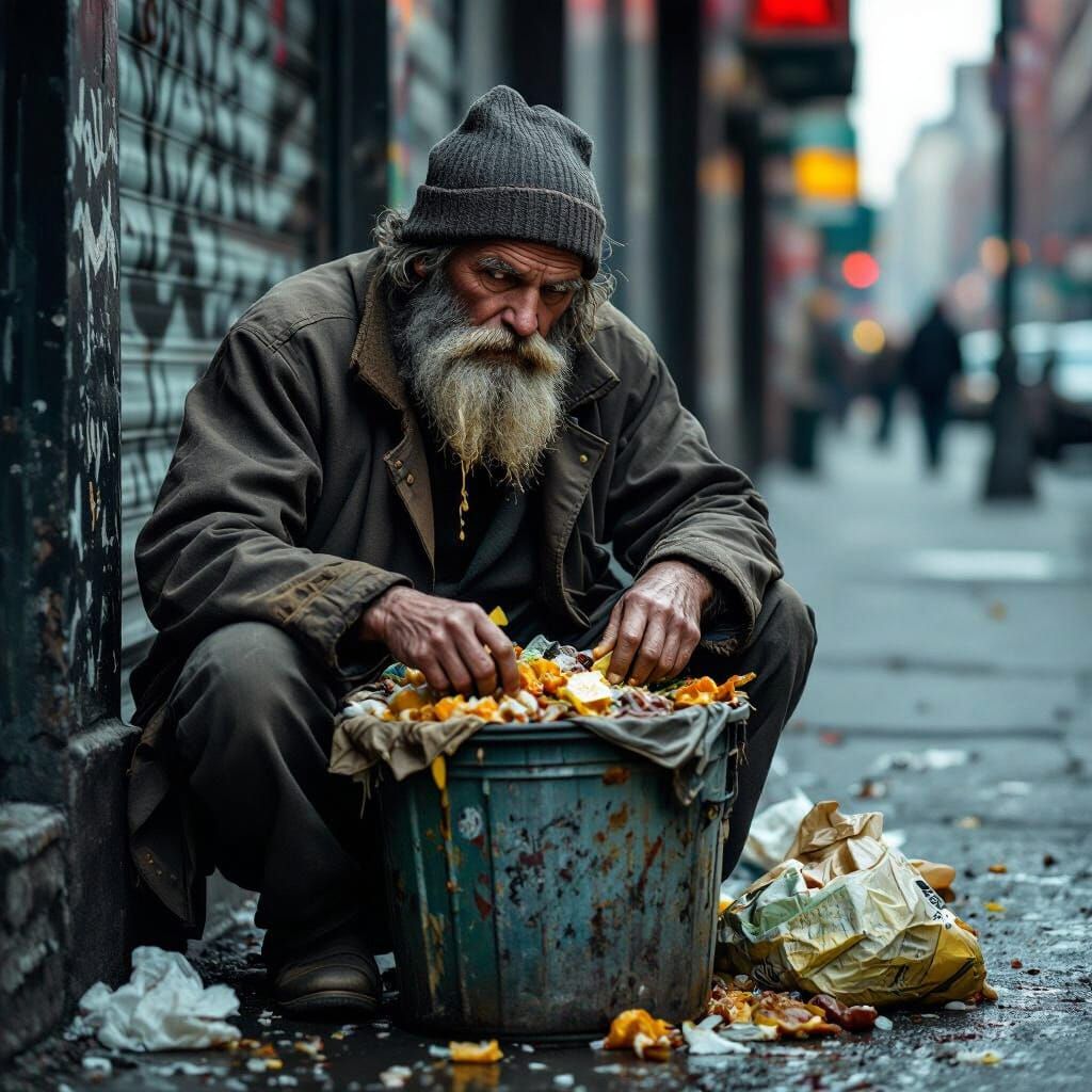 Homeless Man Eating From Rubbish Bin in Gritty Photorealism