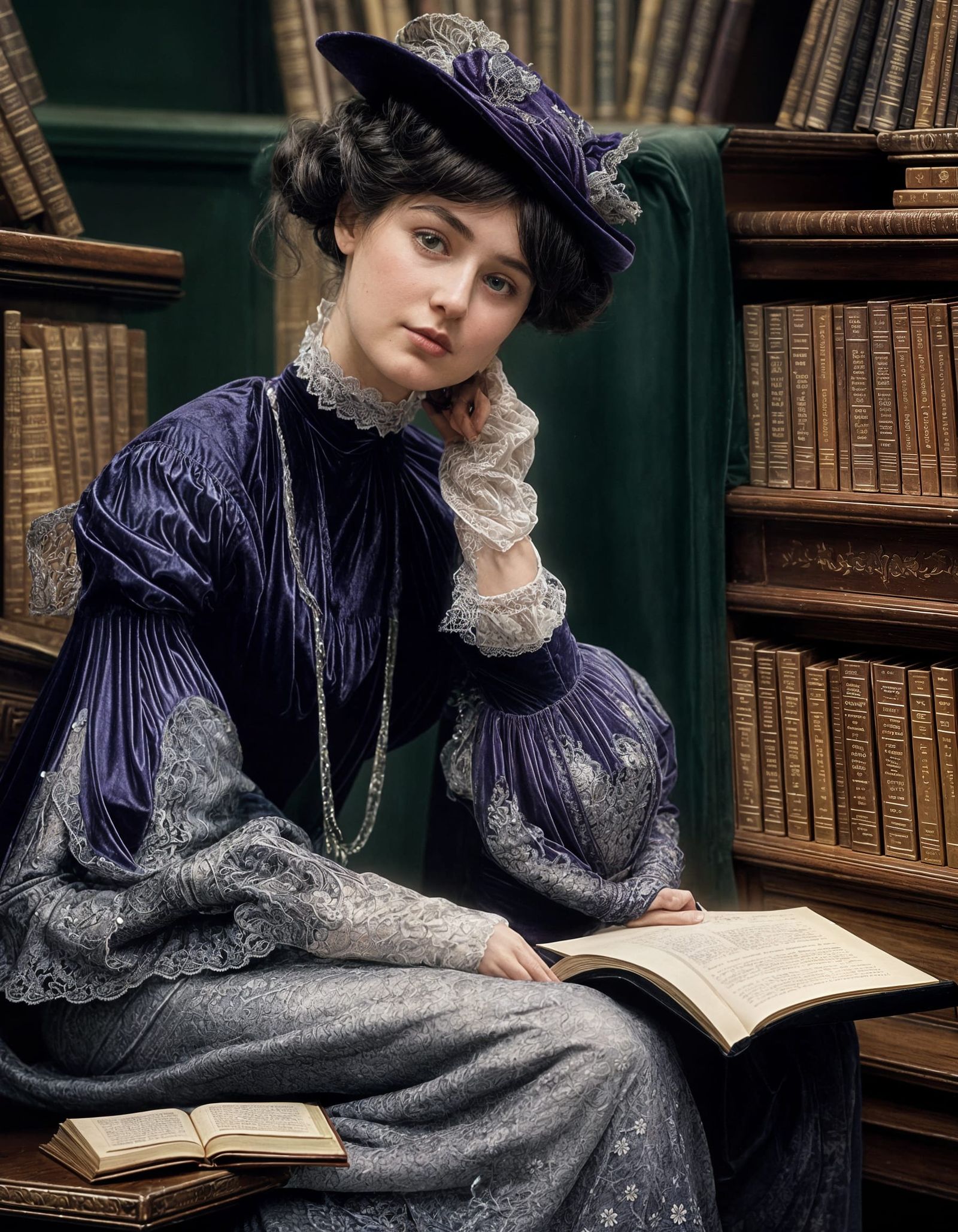Edwardian Woman Reads Tome in Candlelit Library