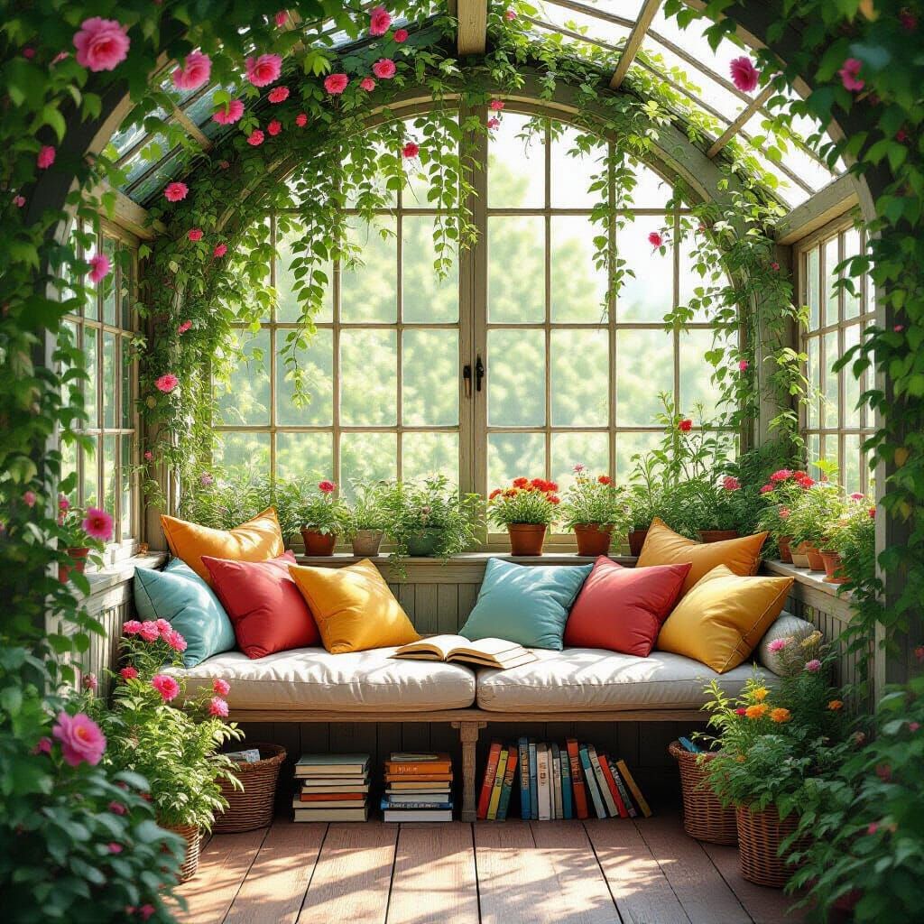 Cozy Greenhouse Reading Corner in Anime Style