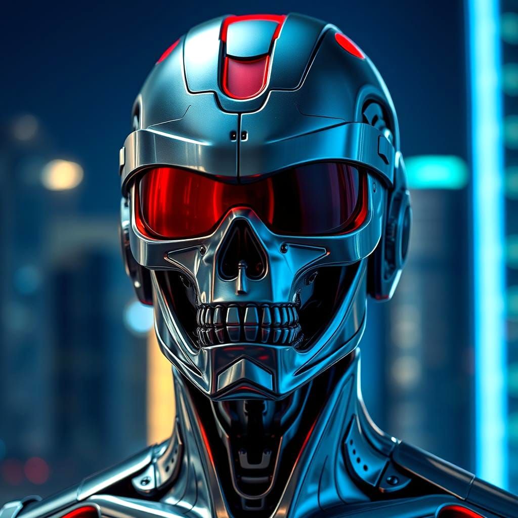 Cyborg Portrait with Metallic Skull in Cyberpunk Style