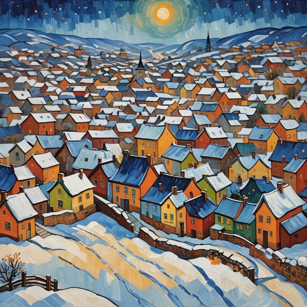 Naive art, doodle, fauvism, village with strange, square hou...