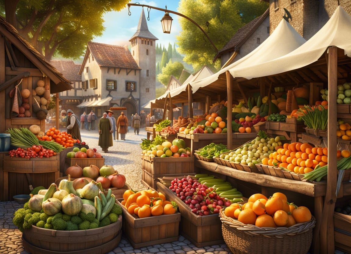 Medieval Farmer's Market in Hyperrealistic Style