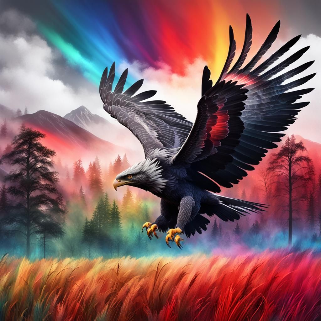 Eagle Double Exposure Portrait with Vibrant Landscape