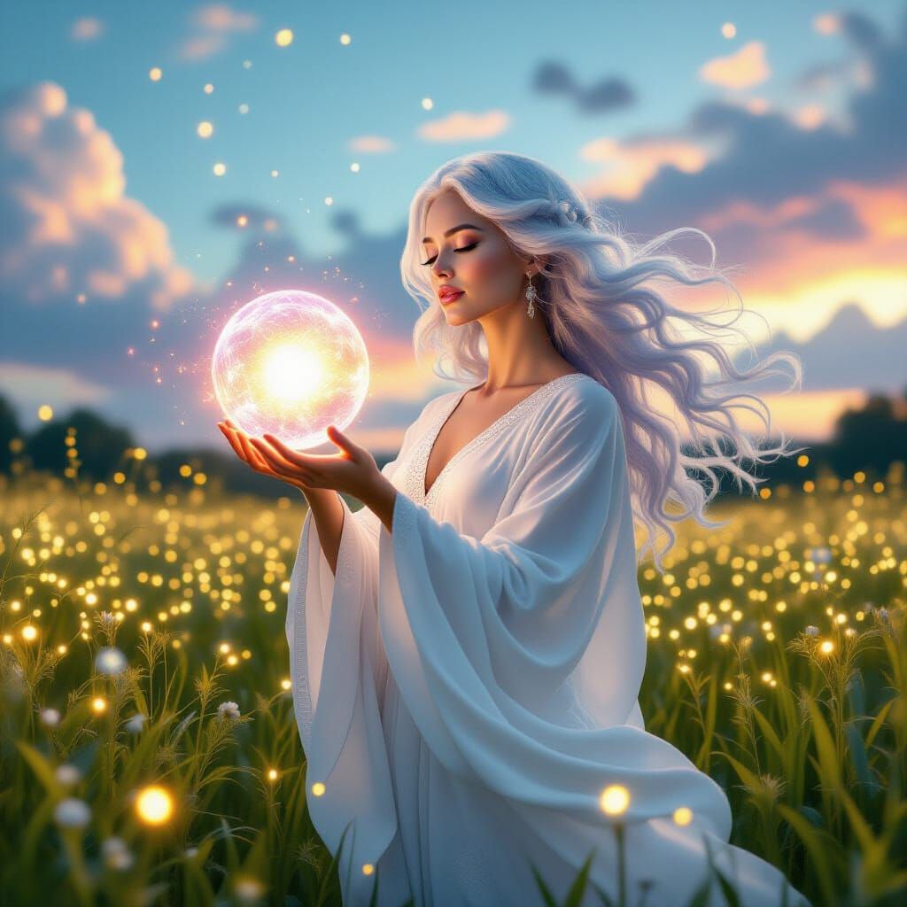 Ethereal Woman in Bioluminescent Field with Orb