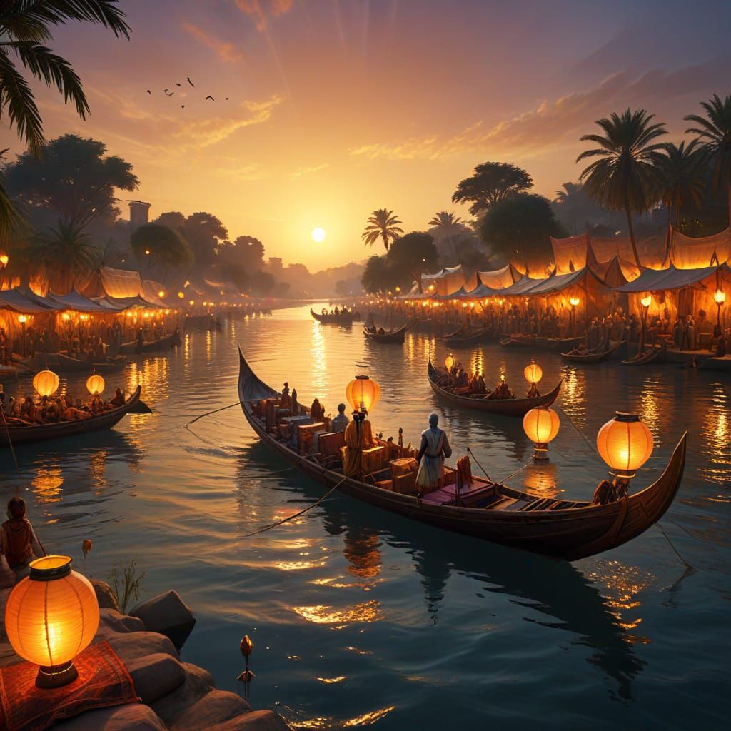 Nile Riverbank Festival in Oil Painting Style