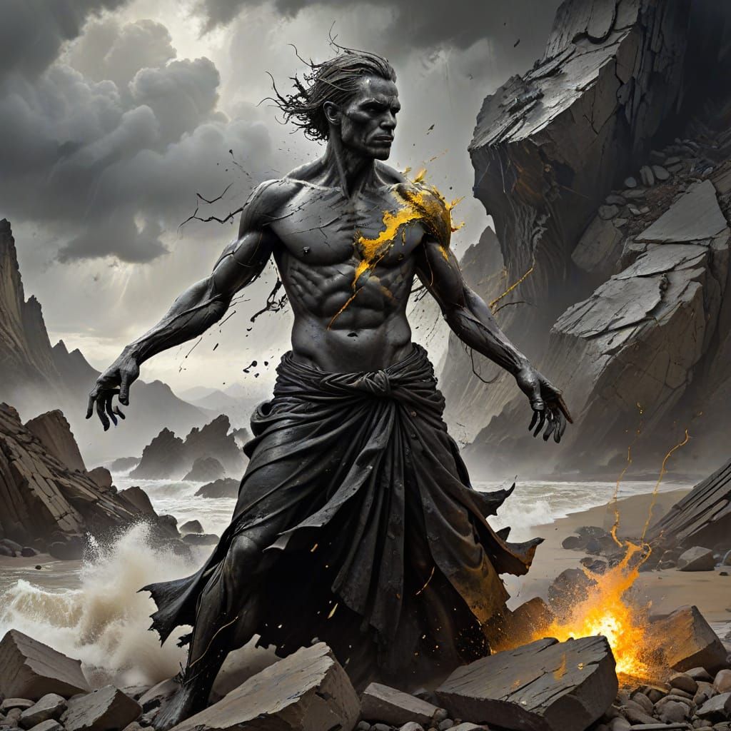 Figure Shaping a Storm in Grayscale with Color Accents