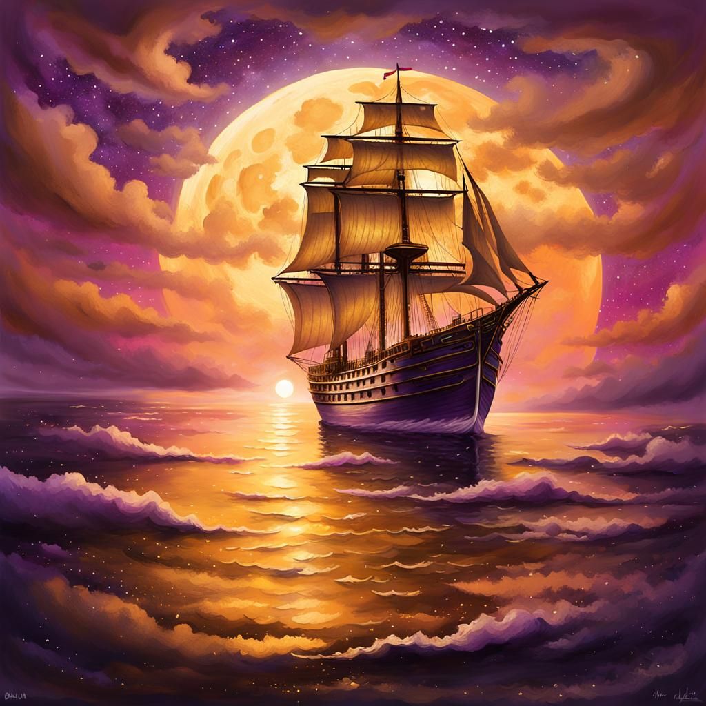 Mystical Ship Drifting in Violet Dreamscape