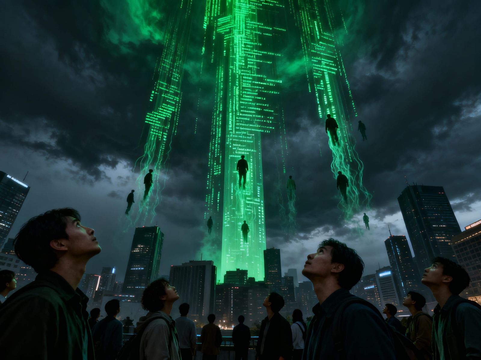 Cyberpunk Cityscape Under Toxic Code Sky