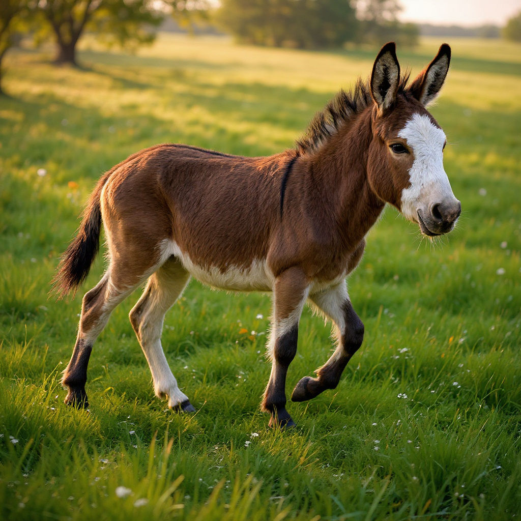 Baby Pinto Donkey Runs Through Wildflower Pasture in Oil Pai...