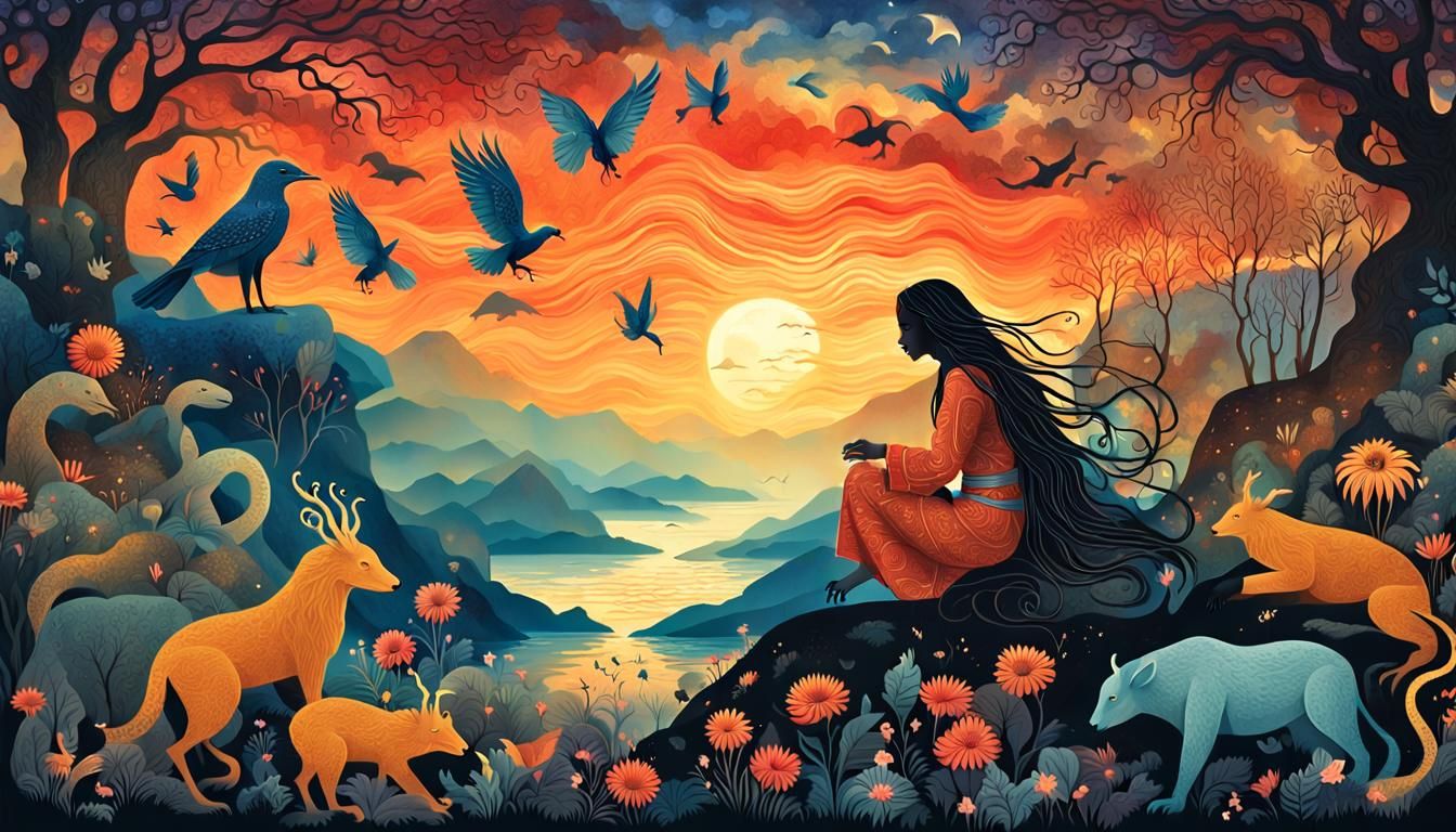 Mystical Creatures in a Sunset Collage