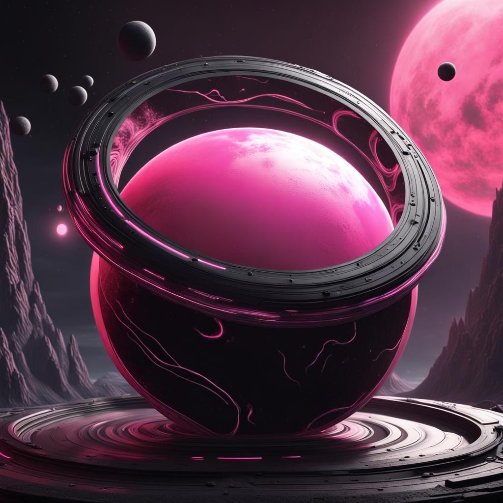 Pink and Black Ringed Planet: Detailed Matte Painting