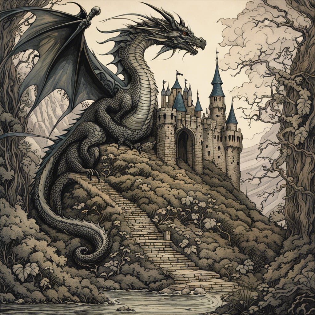 Dragon at Ruined Castle in Arthur Rackham Style