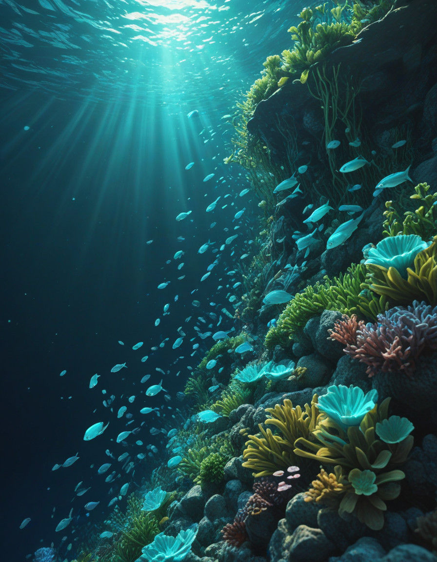 Surreal Underwater Fantasy with Gem-Encrusted Cliff