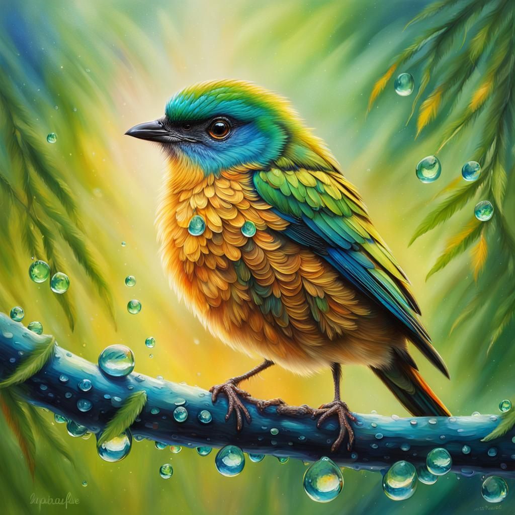 Iridescent Bird Portrait in Oil Painting Style