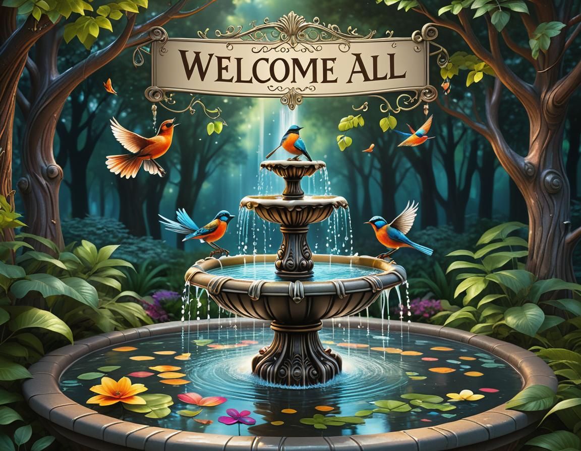 Whimsical Bird Bath Fountain Digital Art