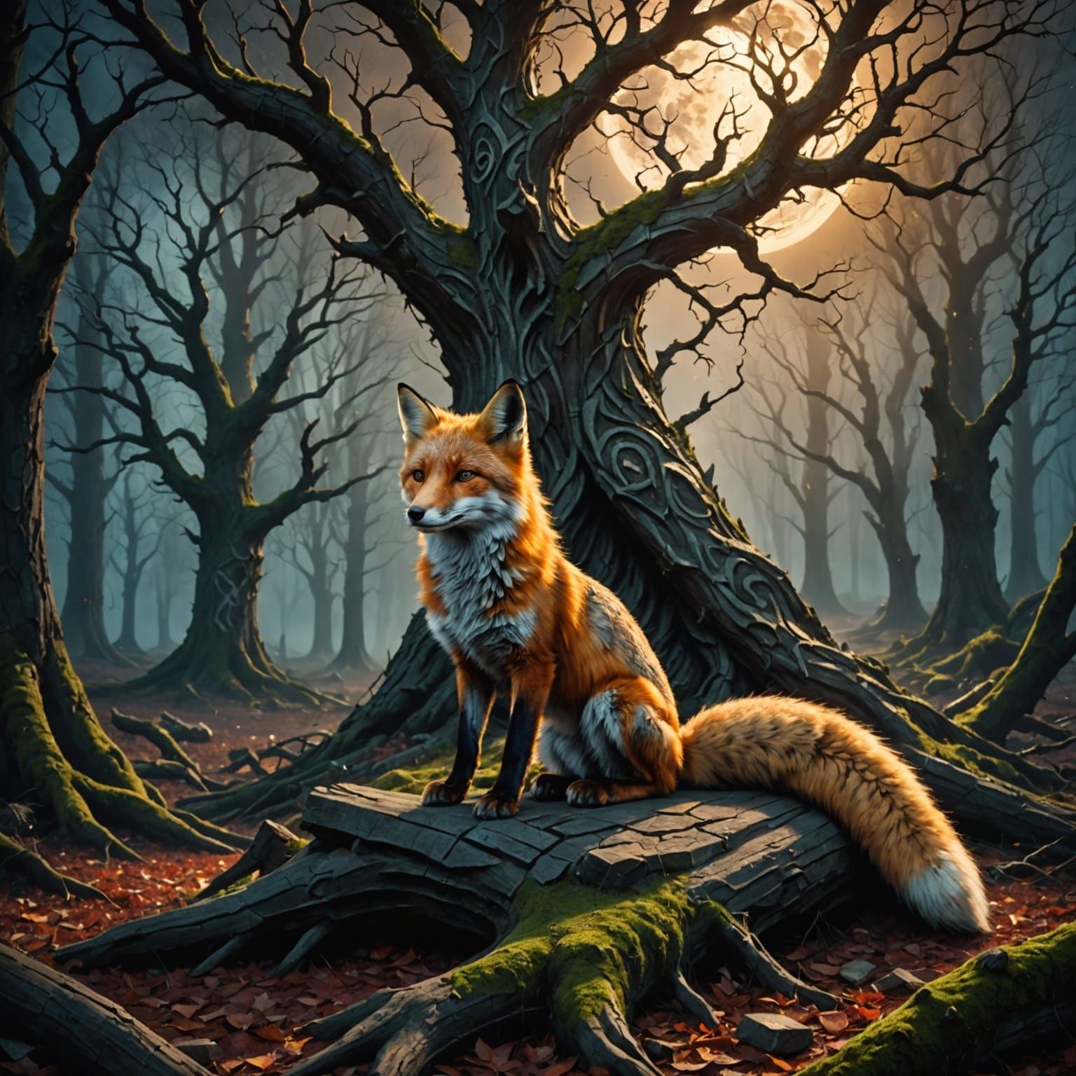 A Red Fox Sits in Front of an Ancient Tree with Norse Runes