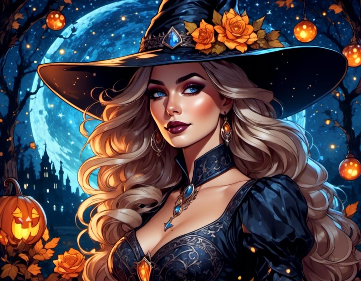 Enchanted Witch Portrait Under Starry Night