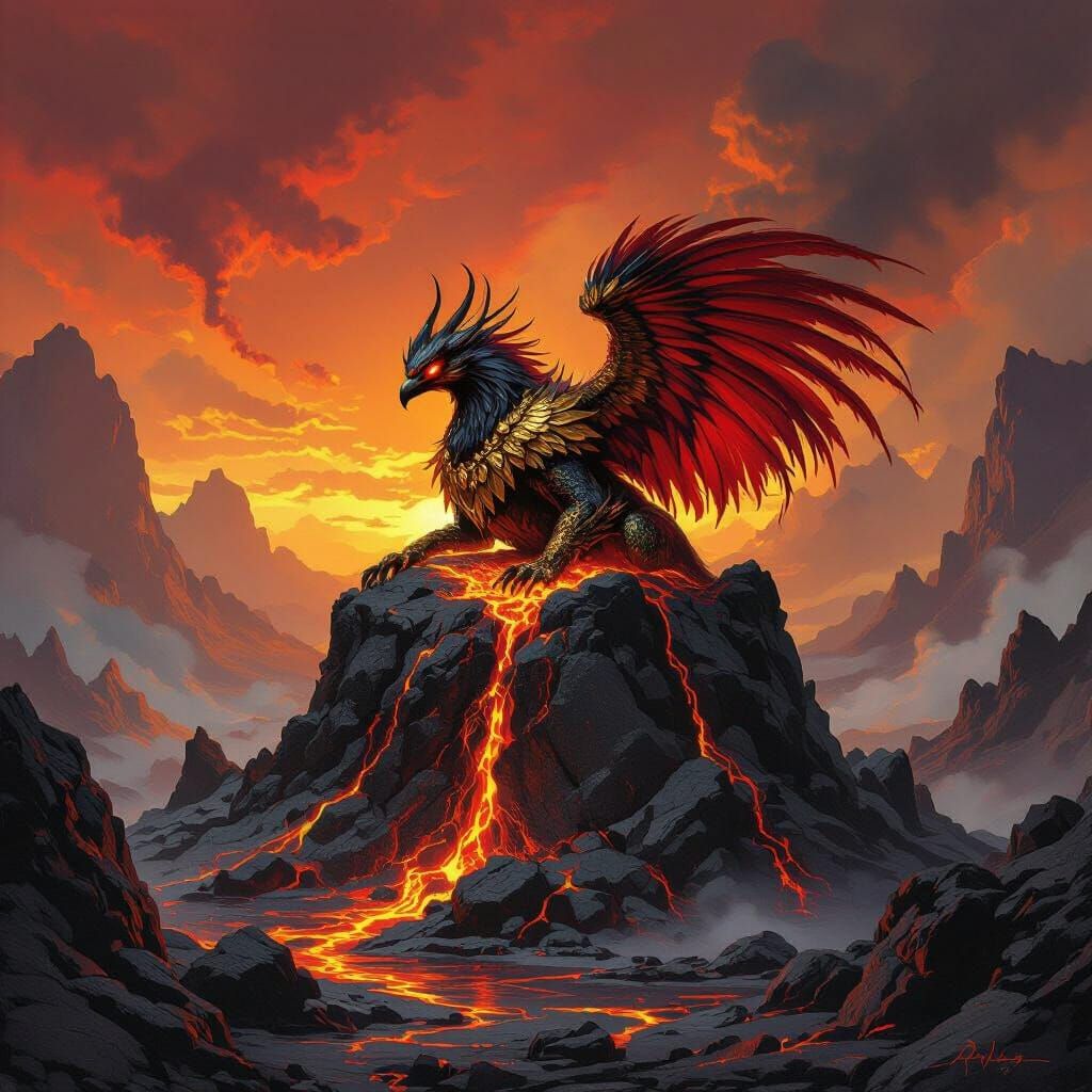 Volcanic Roc Nesting Atop Fiery Caldera