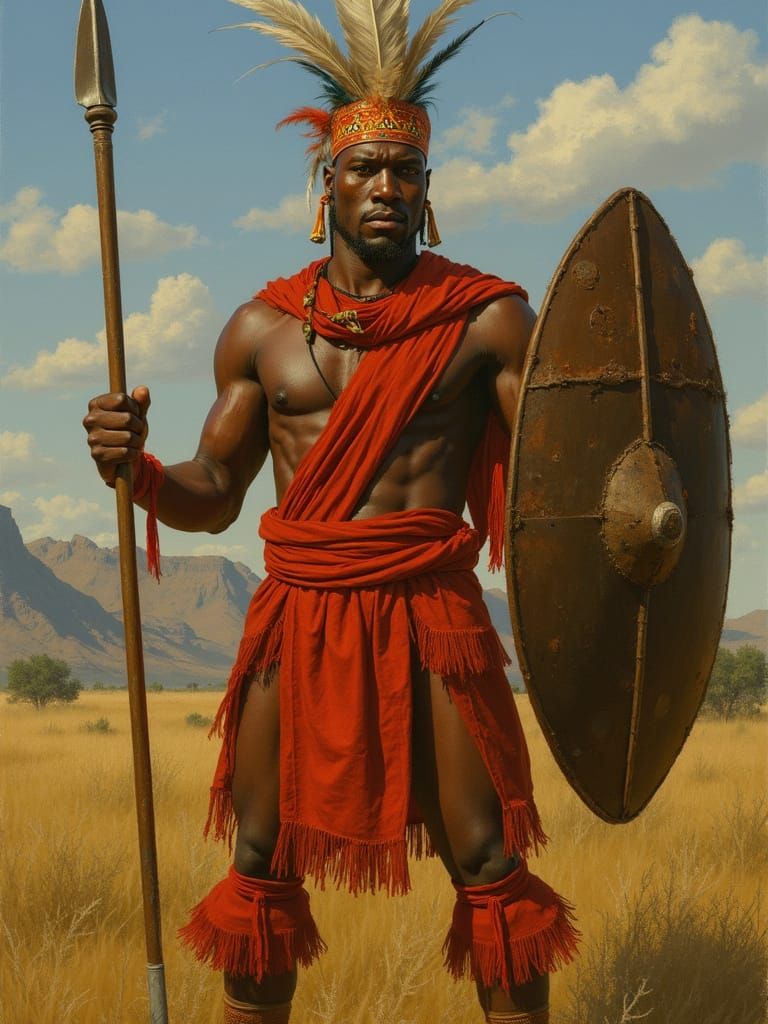 Zulu Warrior in Traditional Attire, Standing Proud on the Sa...