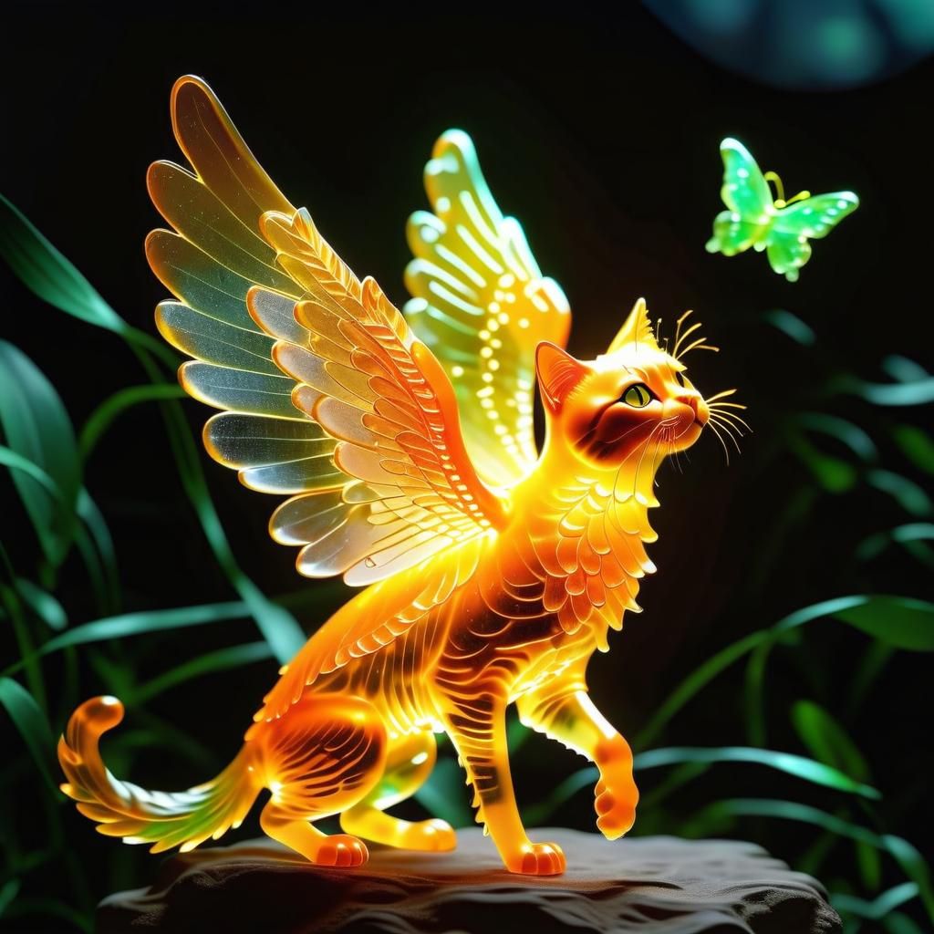 Angel Cat with Glowing Orange Sculpture in Ethereal Glow