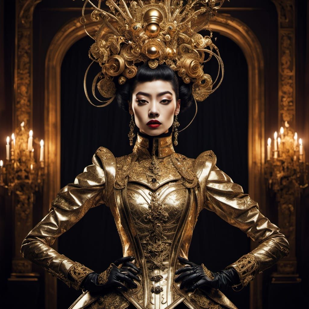 Luxurious Baroque Sci-Fi Commander in Gilded Cyber-Marionett...